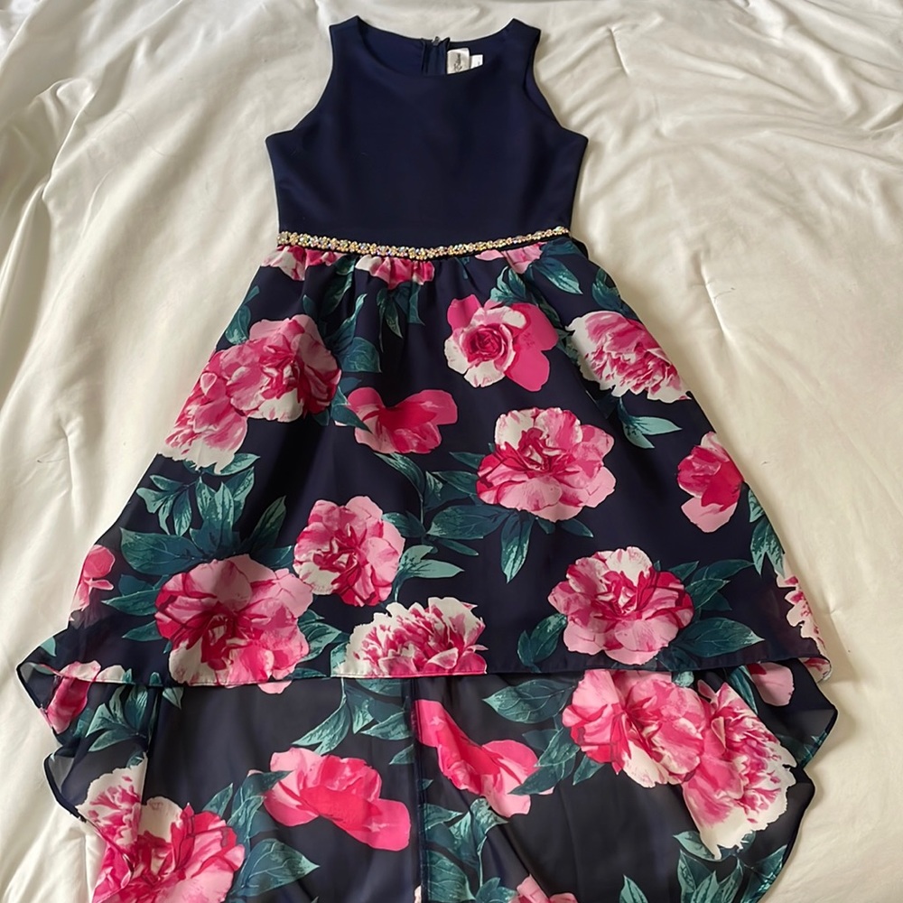 Dillard’s Kids Formal floral, high low, navy pink spring Dress, 10